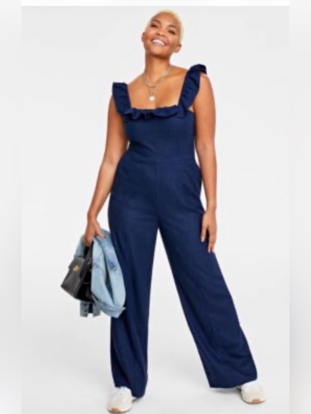 ON 34th Navy Linen Blend Ruffle Strap Wide Leg Jumpsuit Size Small Cottagecore
